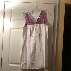 White dress with red and blue checkered top